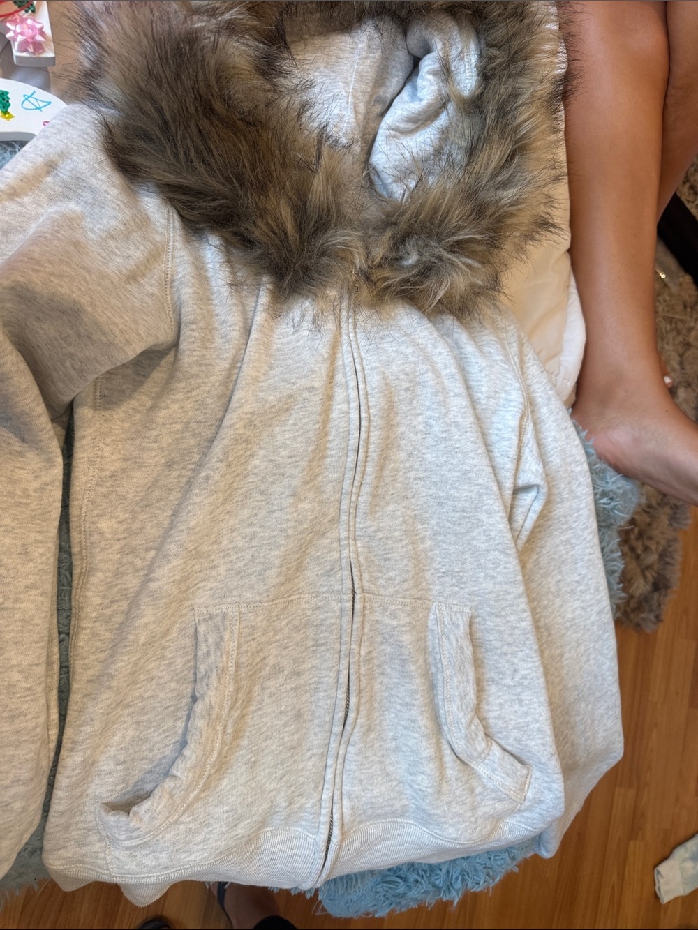 Hollister Light Gray Hooded Teddy Jacket with Faux-Fur Trim